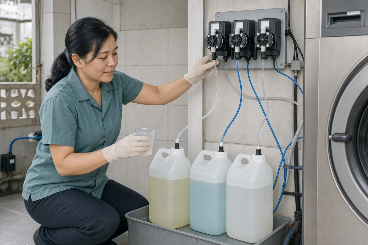 Chủ tiệm kiểm tra bơm định lượng và đường ống hóa chất cho máy giặt.