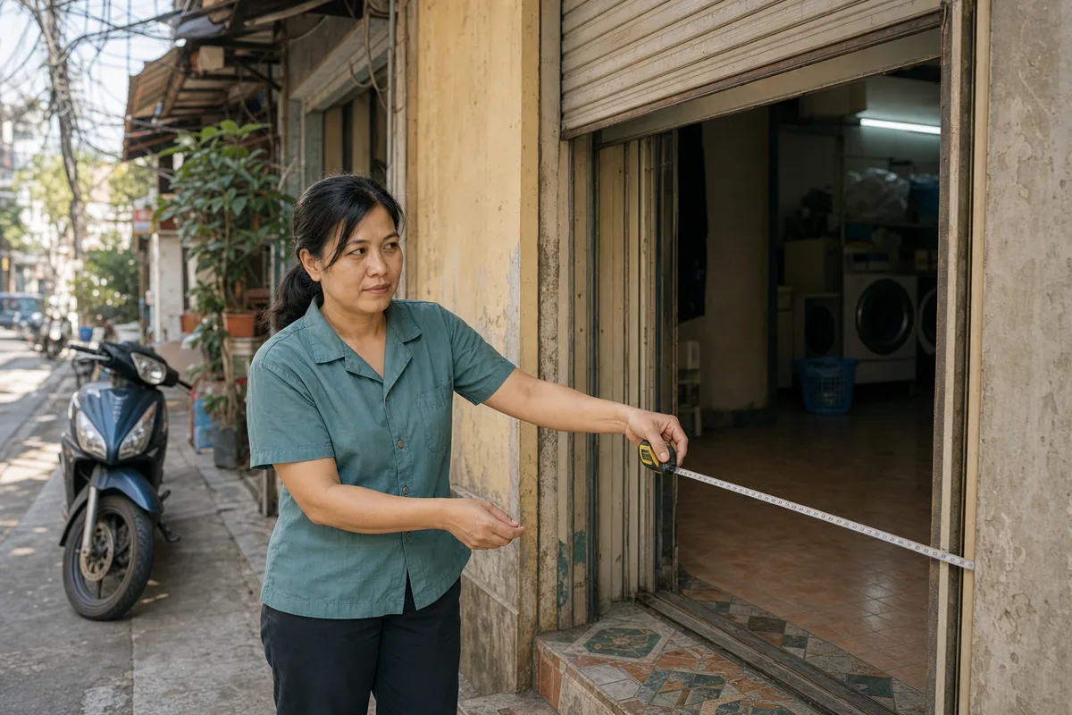 Chủ tiệm Việt Nam đo chiều rộng mặt bằng nhà phố trước khi mở tiệm giặt sấy.