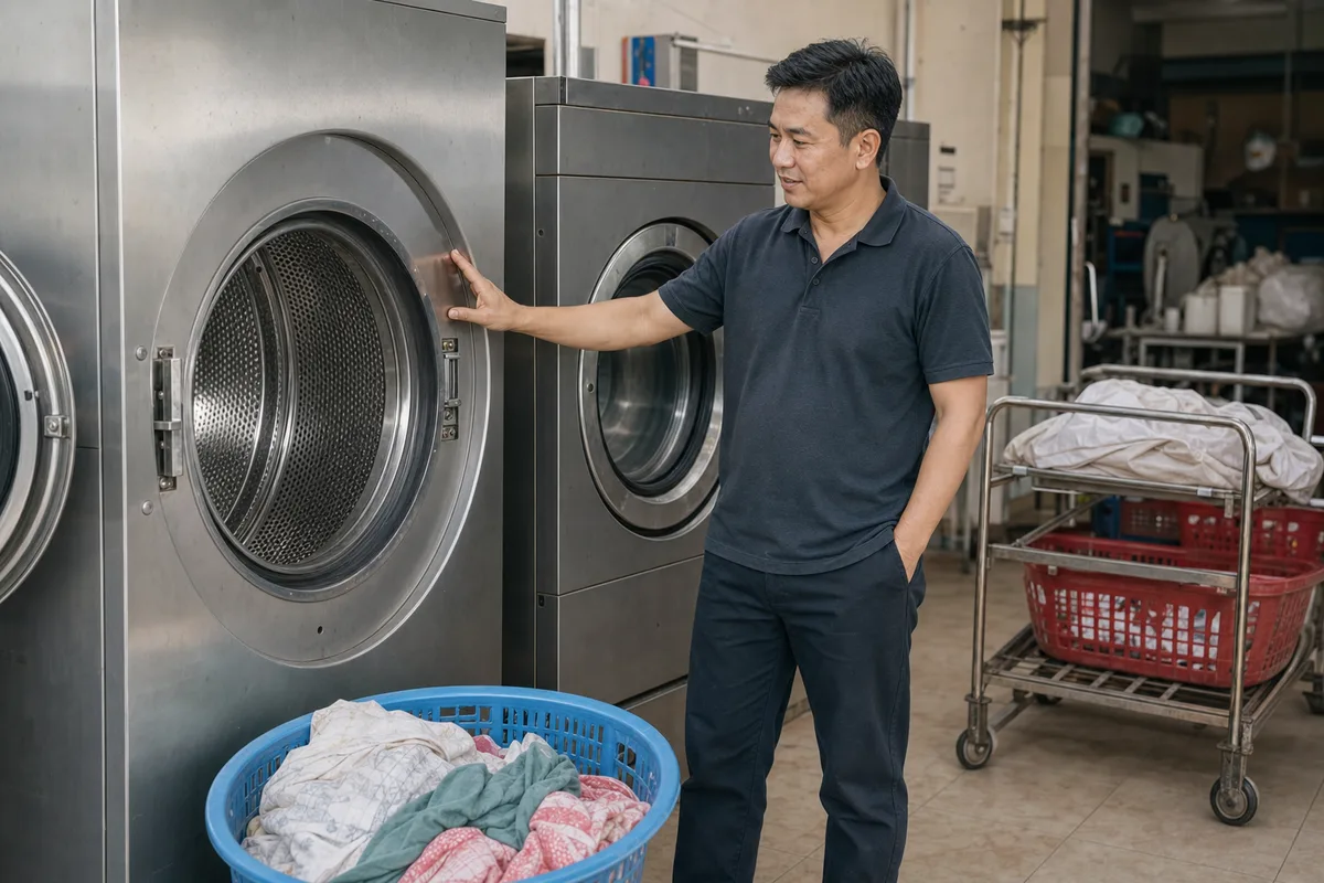 Chủ tiệm Việt Nam kiểm tra kích thước lồng máy giặt công nghiệp theo sản lượng.