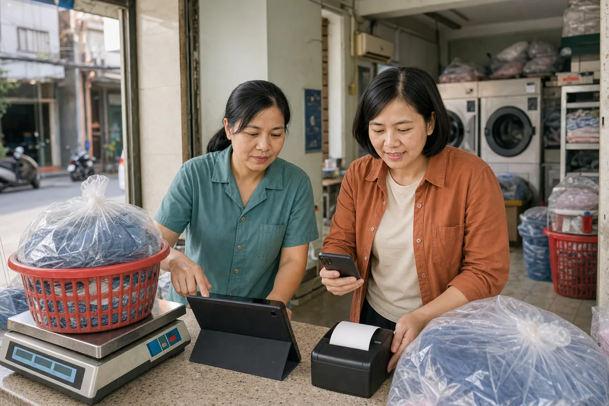 Hai chủ tiệm thử quy trình cân đồ, tạo đơn và in phiếu khi chọn phần mềm quản lý.
