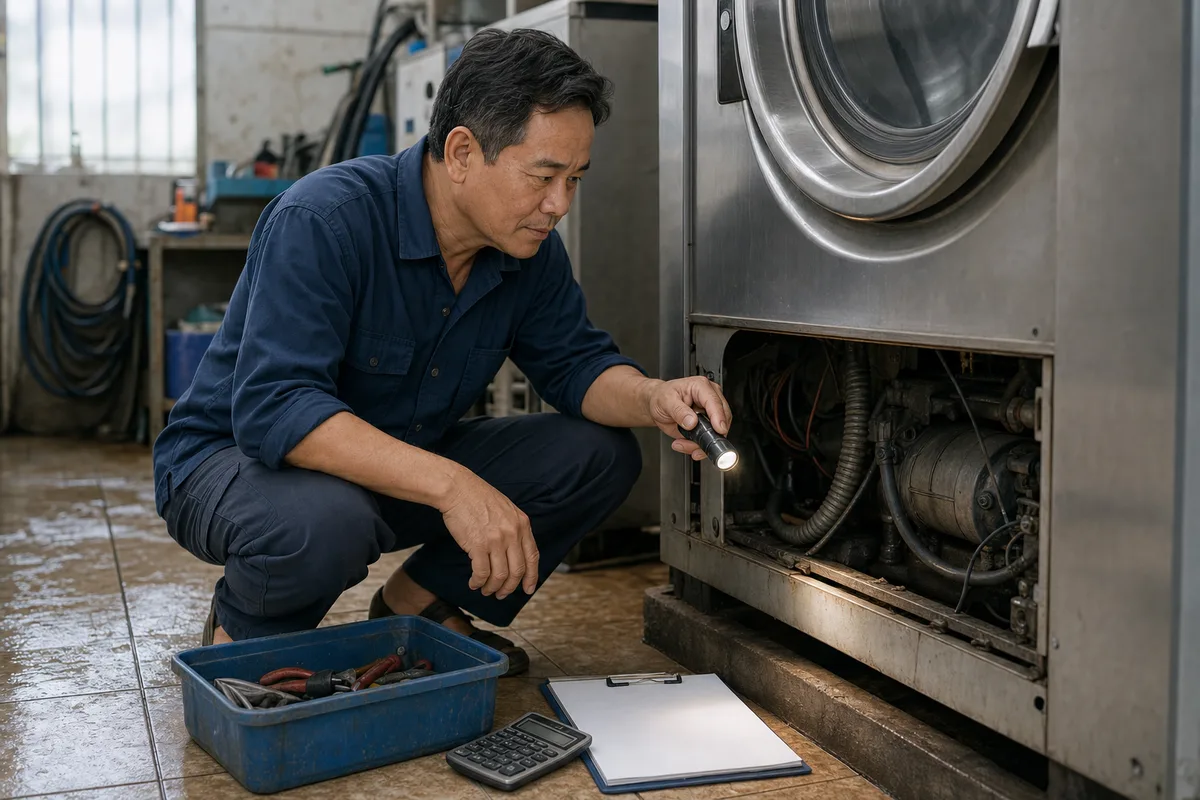 Chủ tiệm soi kiểm tra bộ phận bên trong máy giặt công nghiệp cũ trước khi định giá.
