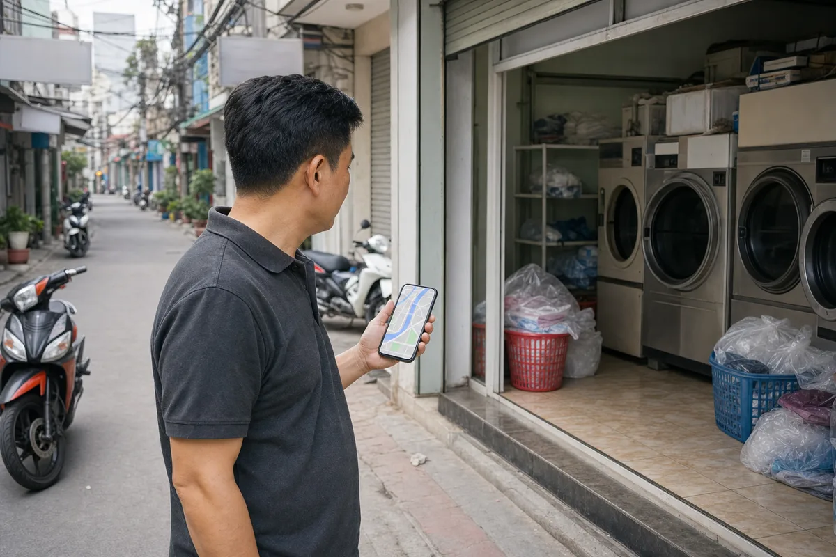 Chủ tiệm kiểm tra vị trí cửa hàng giặt sấy trên bản đồ điện thoại trước mặt tiền.