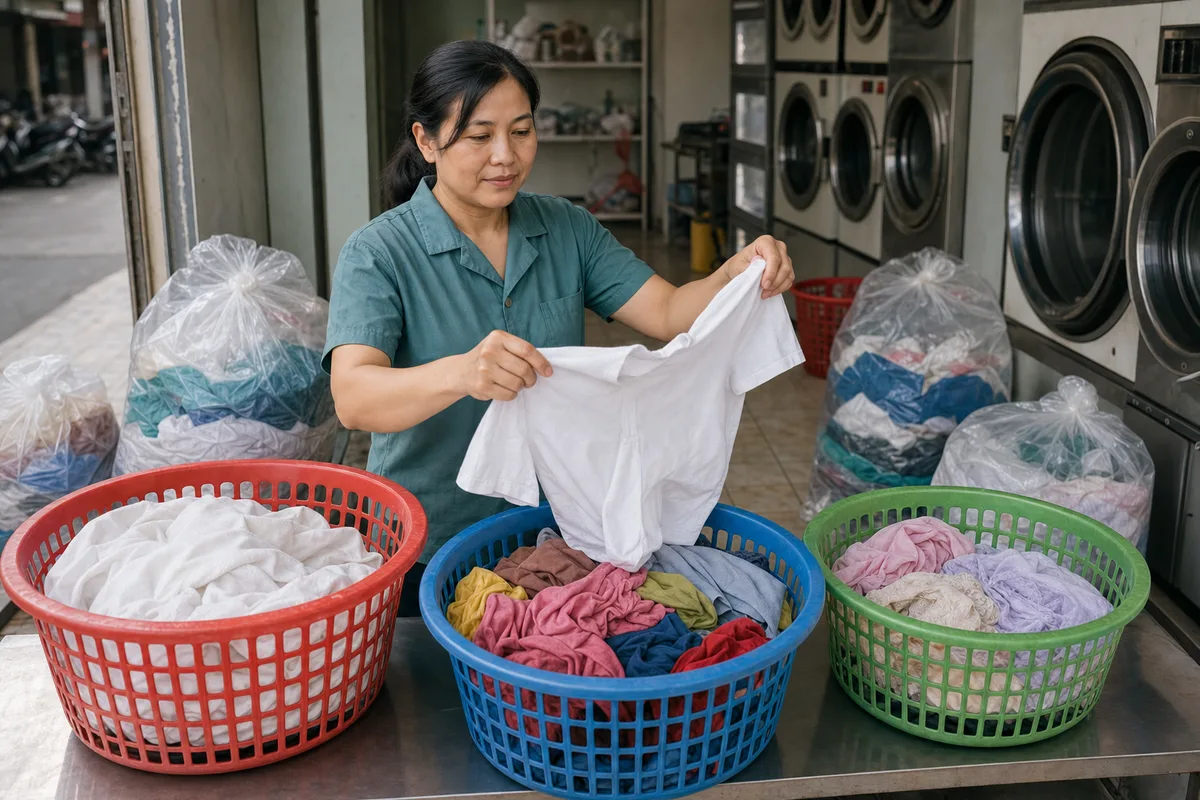 Chủ tiệm phân loại quần áo trắng, đồ màu và đồ mỏng trước khi giặt.