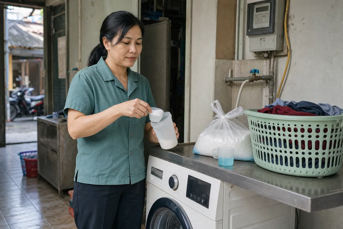 Chủ tiệm đo lượng hóa chất và kiểm tra điện nước để tính giá vốn một mẻ giặt.