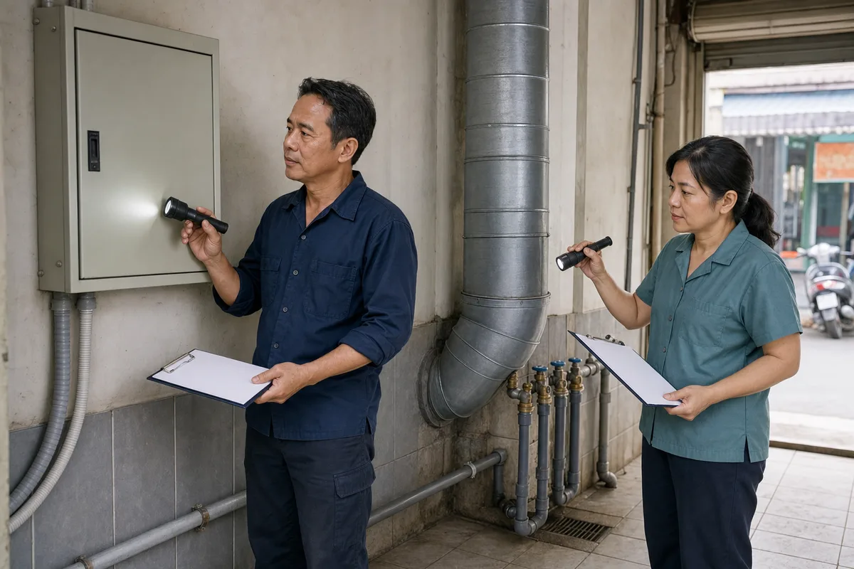 Hai chủ tiệm kiểm tra tủ điện, đường nước và ống thoát hơi trước khi lắp máy.