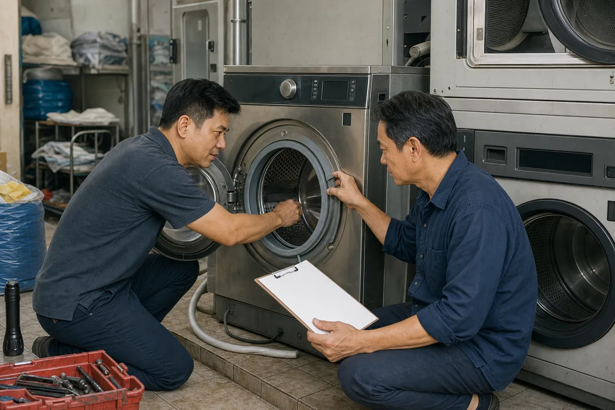 Hai chủ tiệm kiểm tra lồng, gioăng cửa và máy sấy công nghiệp cũ.
