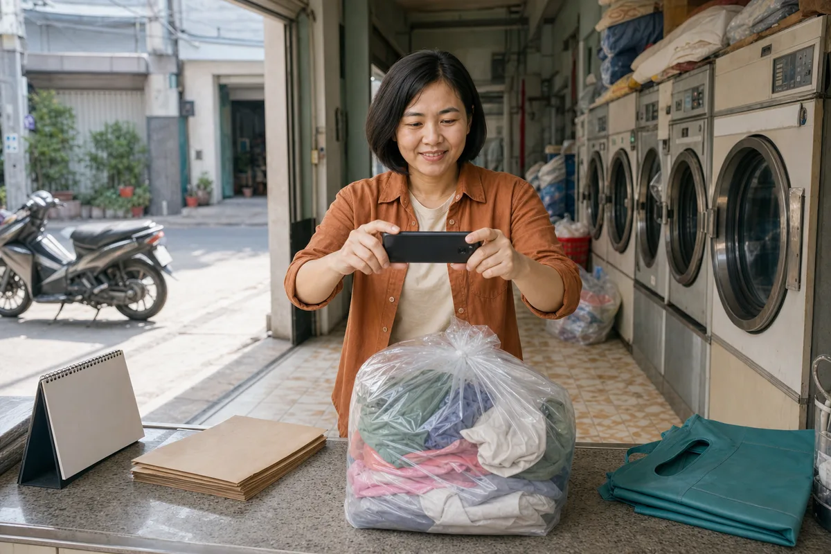 Chủ tiệm giặt Việt Nam chụp ảnh đơn hàng để chuẩn bị nội dung marketing khai trương.