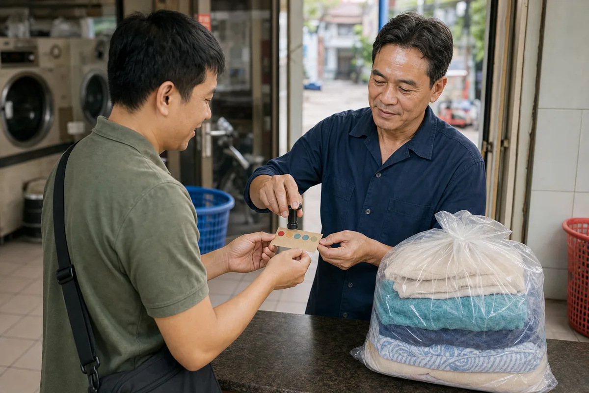 Chủ tiệm đóng dấu thẻ khách hàng thân thiết khi giao đồ giặt sạch.