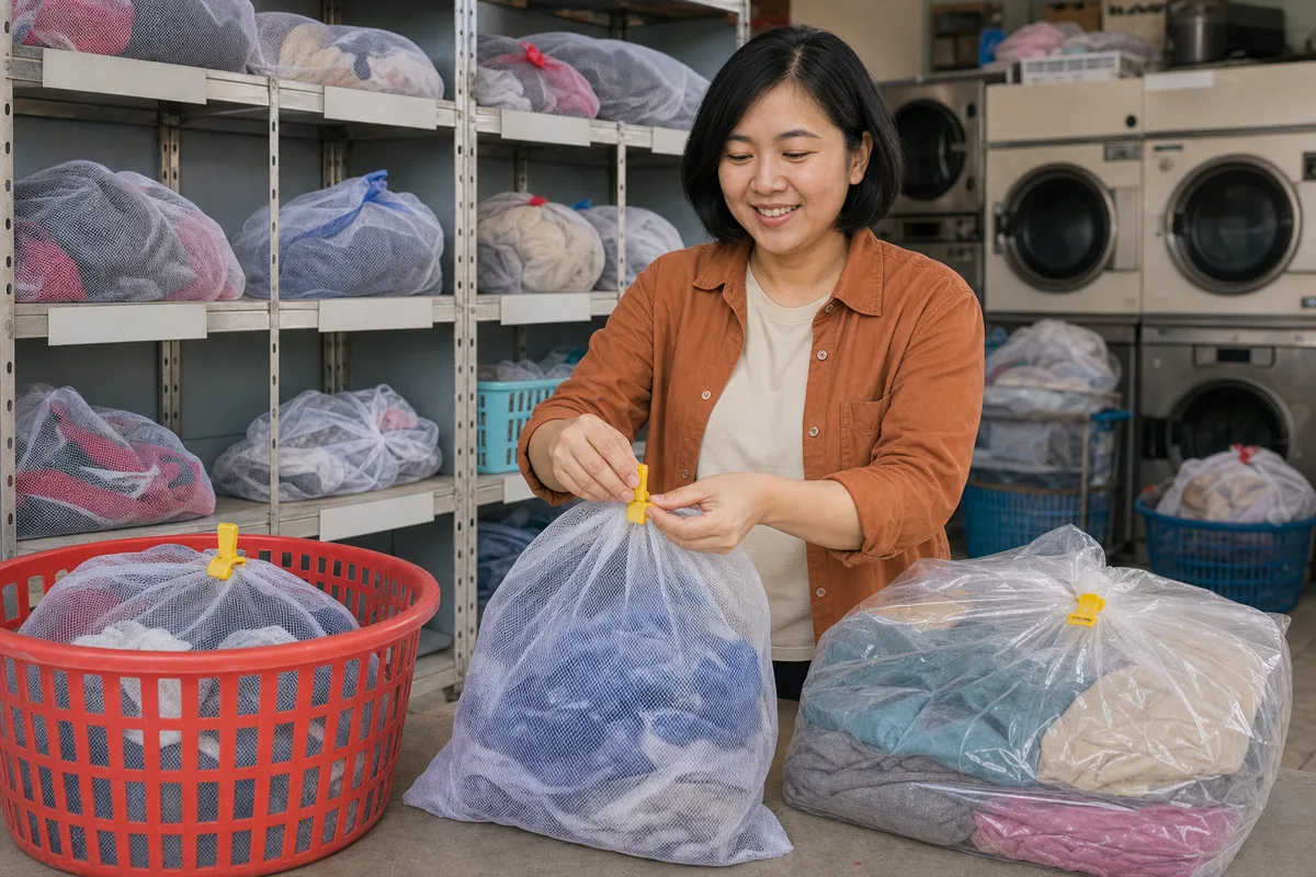 Chủ tiệm dùng kẹp màu đồng bộ giữa giỏ, túi giặt và gói đồ để tránh lẫn đơn.