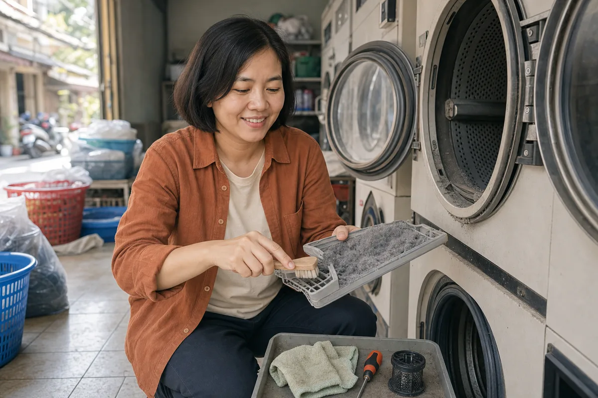 Chủ tiệm vệ sinh lưới lọc xơ vải trong lịch bảo dưỡng máy sấy định kỳ.