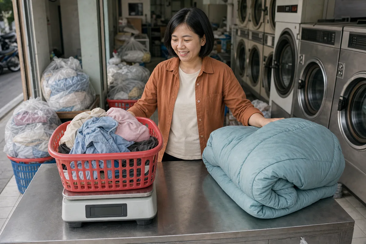 Chủ tiệm so sánh quần áo cân theo kg với chăn mền tính giá theo món.
