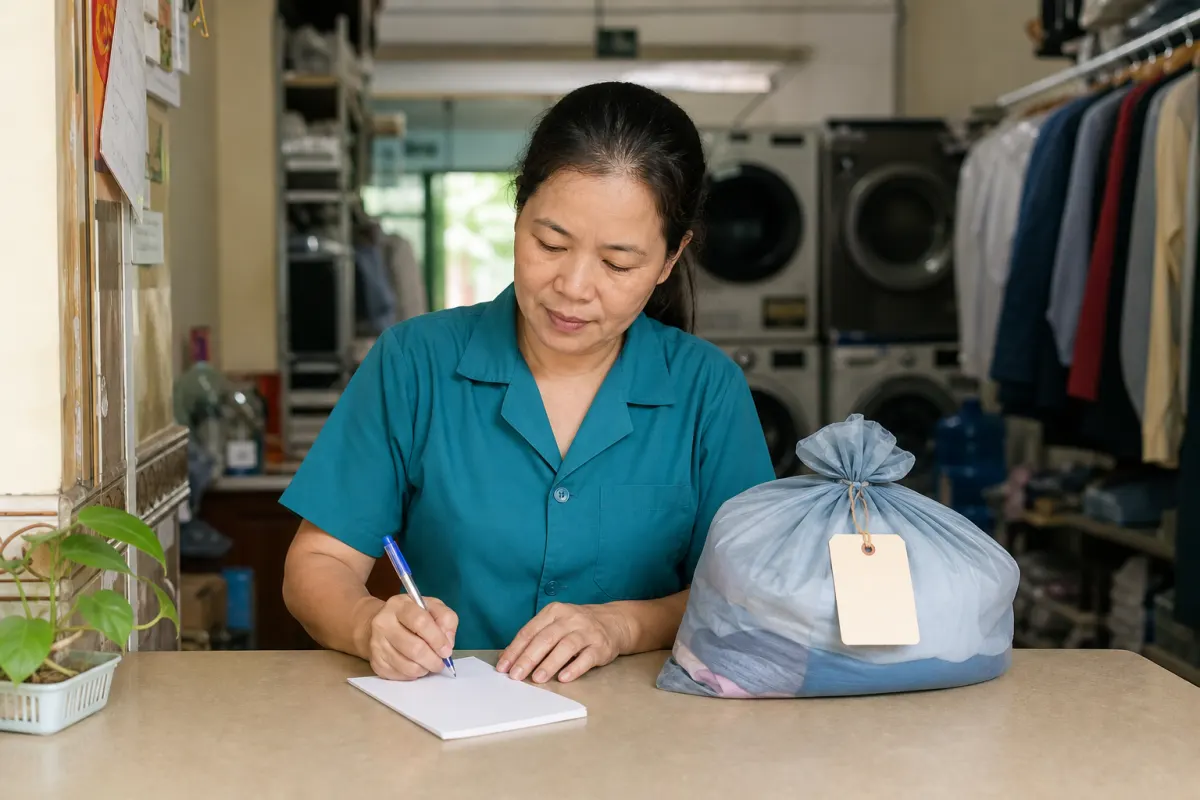 Chủ tiệm ghi phiếu nhận đồ bên cạnh túi quần áo có gắn thẻ nhận diện.