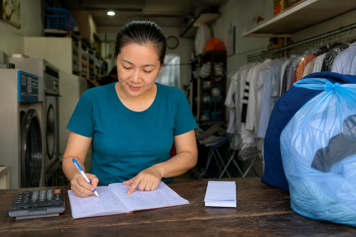 Chủ tiệm xem sổ theo dõi đơn hàng và doanh thu bên cạnh máy tính cầm tay.