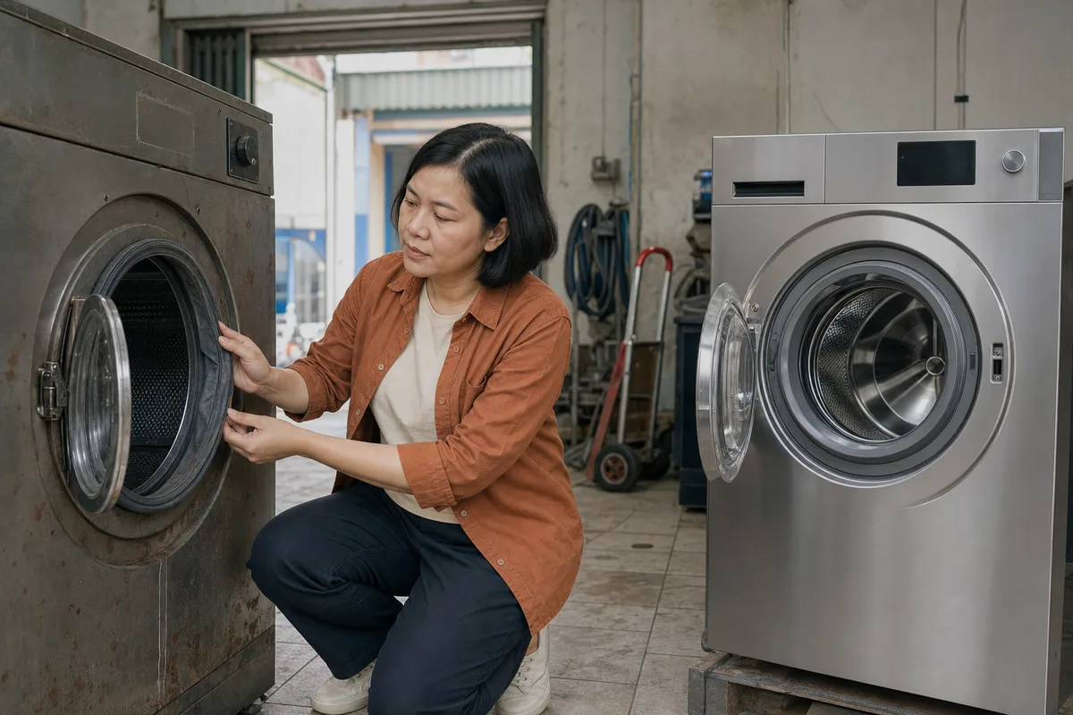 Chủ tiệm kiểm tra máy giặt công nghiệp cũ bên cạnh một máy mới.