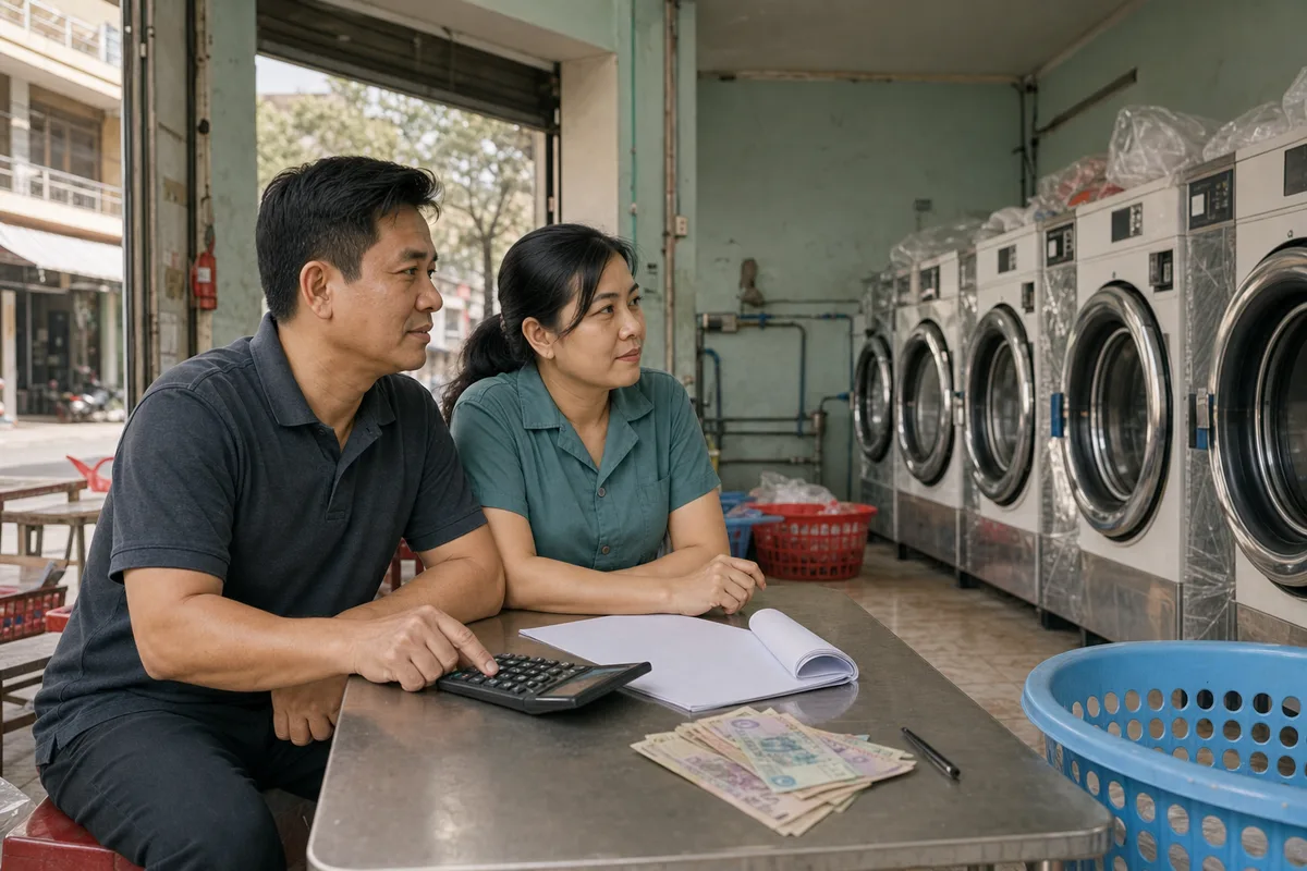 Hai chủ tiệm Việt Nam tính vốn đầu tư máy móc và mặt bằng cho tiệm giặt sấy.