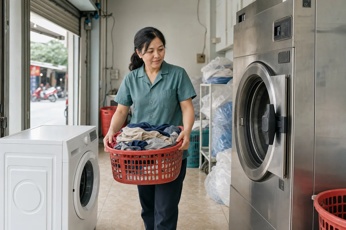 Chủ tiệm đứng giữa máy giặt gia đình và máy công nghiệp để so sánh khả năng xử lý.