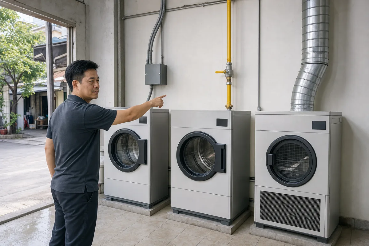 Chủ tiệm xem hạ tầng điện, gas và thông gió của ba loại máy sấy.