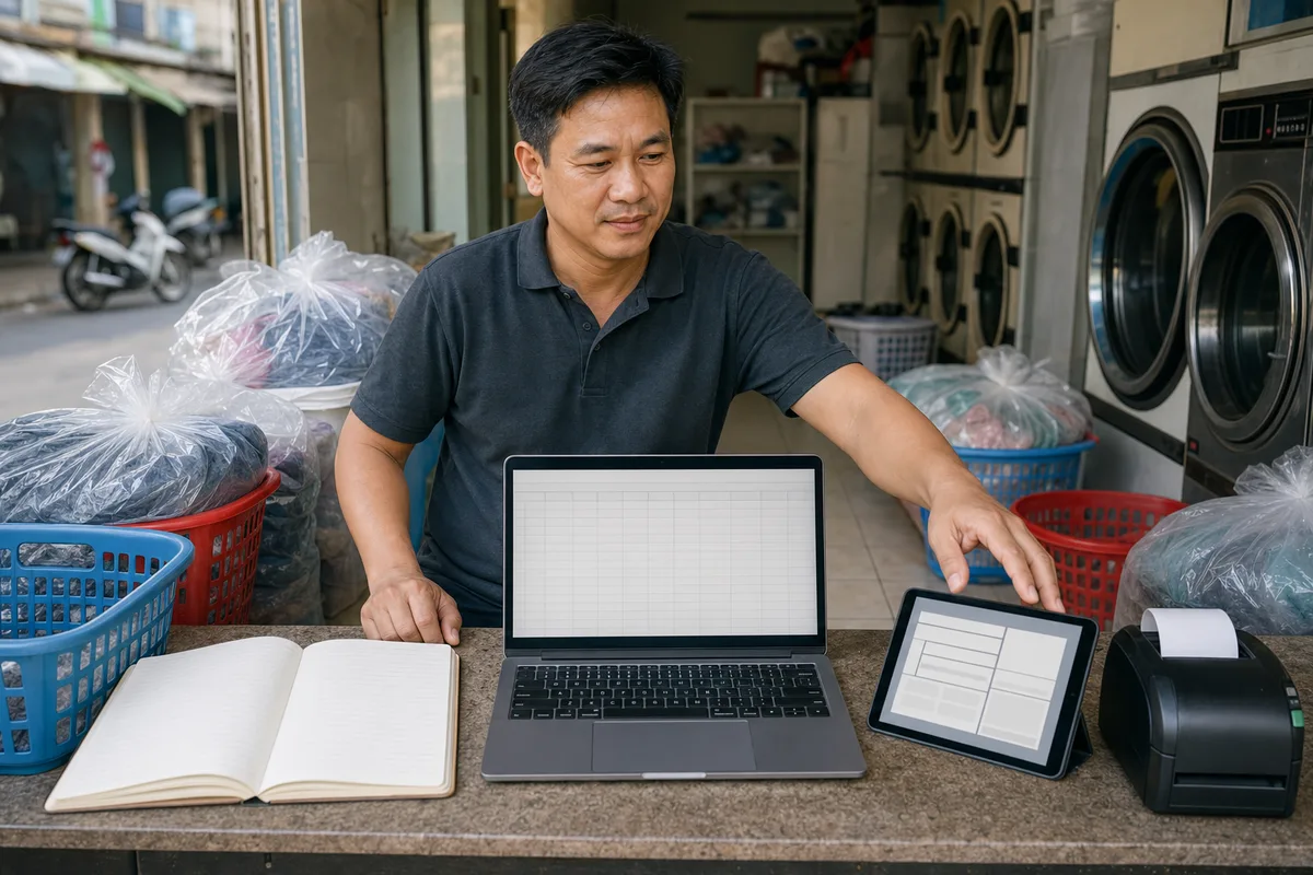 Chủ tiệm so sánh sổ giấy, bảng tính trên laptop và phần mềm POS trên máy tính bảng.