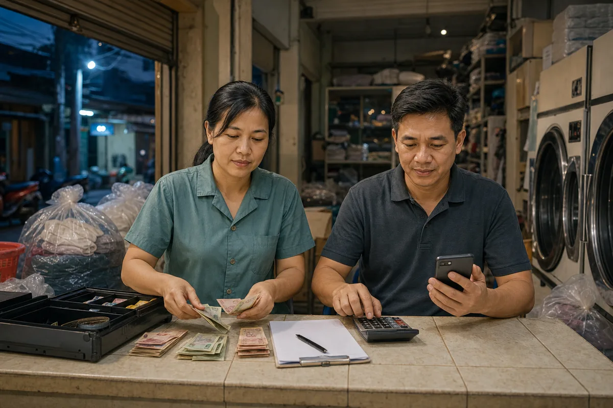 Hai chủ tiệm đối chiếu tiền mặt, chuyển khoản và phiếu bàn giao khi chốt ca.