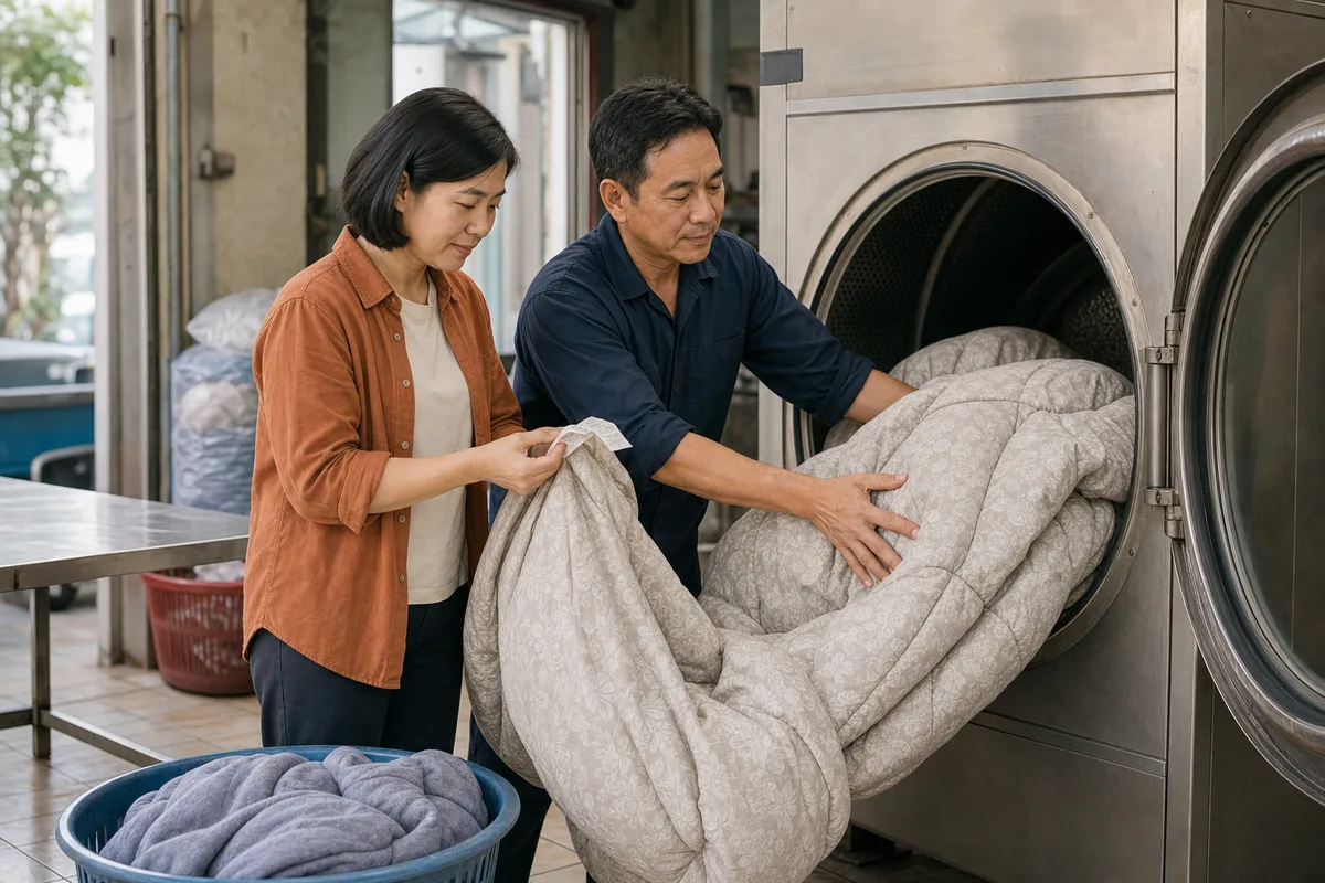Hai chủ tiệm kiểm tra và đưa chăn mền vào máy giặt công nghiệp cỡ lớn.