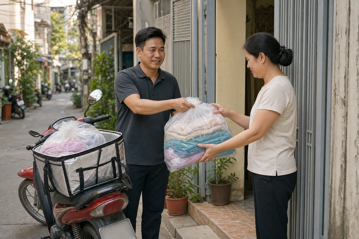 Chủ tiệm giao túi đồ giặt sạch cho khách tại nhà bằng xe máy.