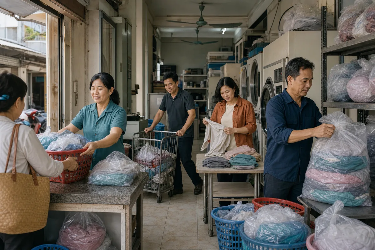 Nhóm chủ tiệm Việt Nam vận hành các bước nhận, giặt, kiểm tra và đóng gói đơn hàng.