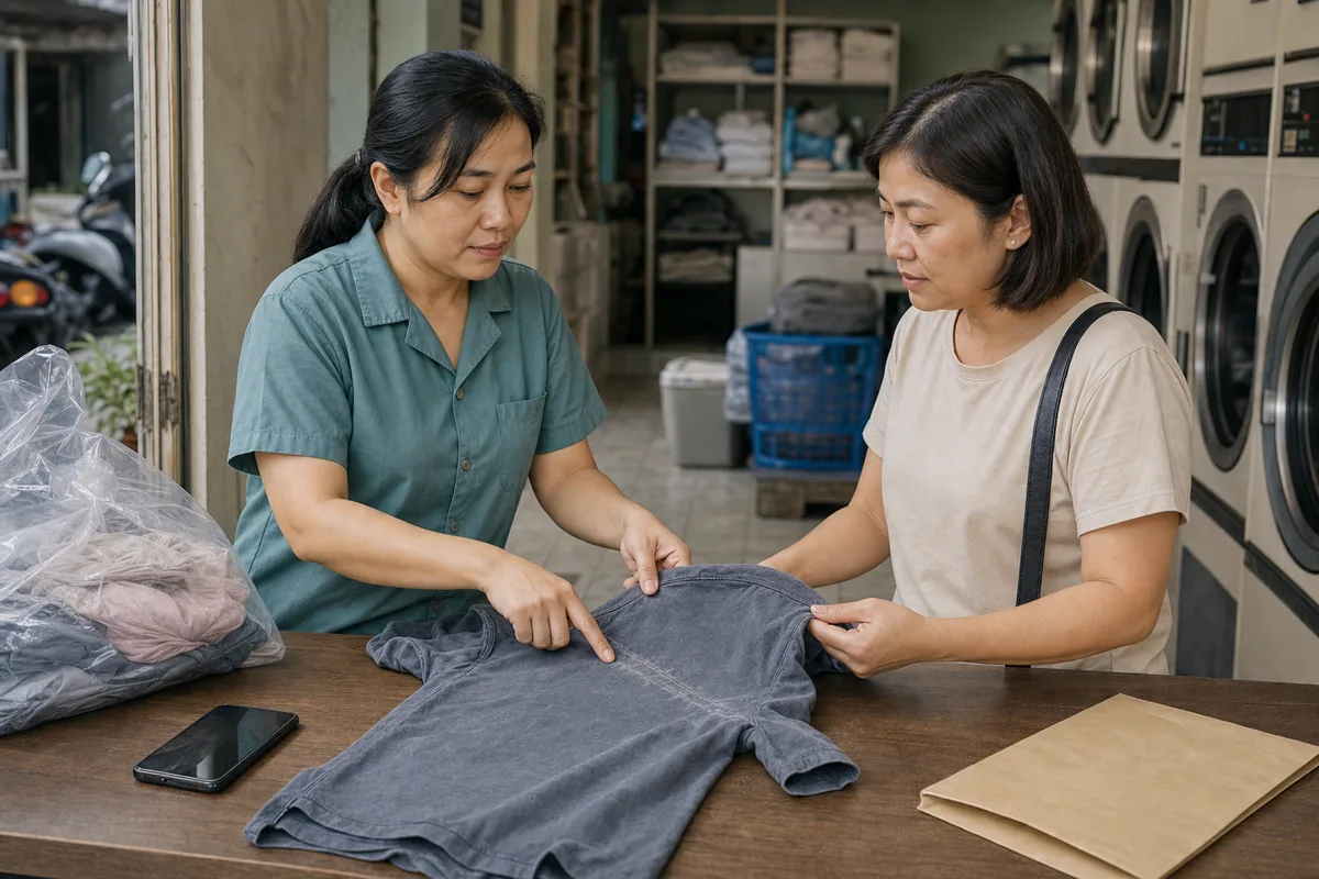 Chủ tiệm cùng khách kiểm tra vị trí áo bị phai màu để xử lý khiếu nại.