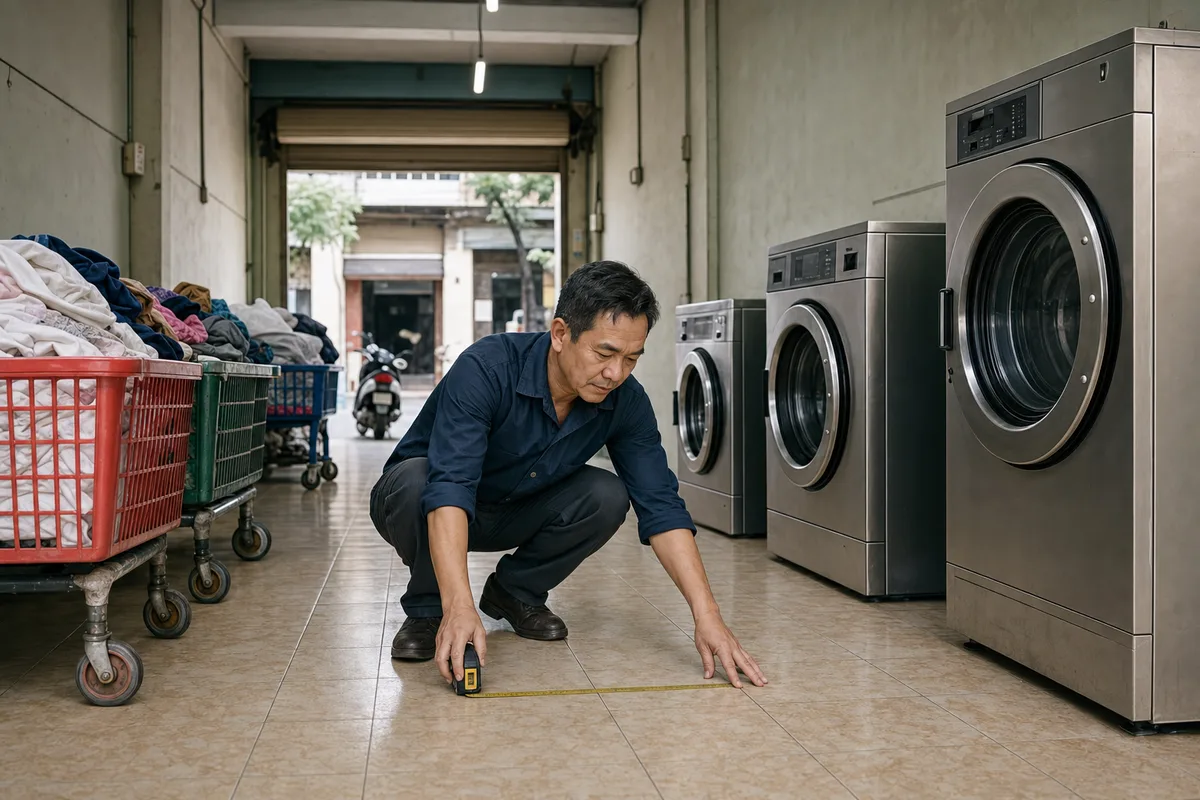 Chủ tiệm đo mặt bằng và bố trí số máy theo sản lượng giặt mỗi ngày.